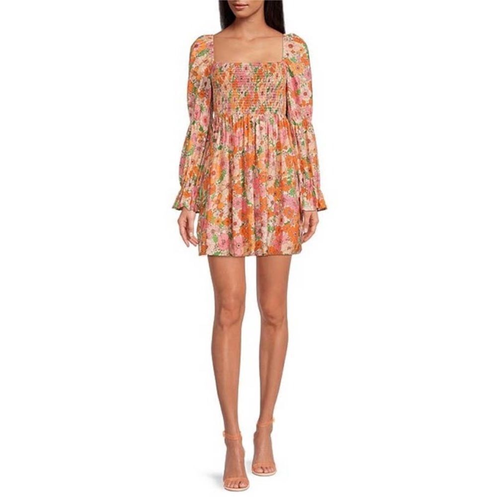 Gianni Bini Jade Floral Print Square Neck Long Puff Sleeve Smocked Bodice Dress